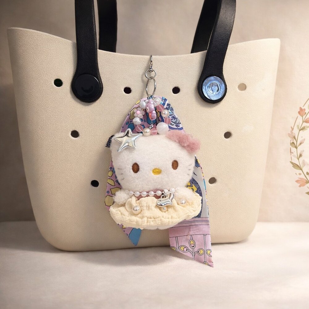 Handcrafted Kitty Keychain with Skirt, Pearls, Star Charms & Colorful Ribbons